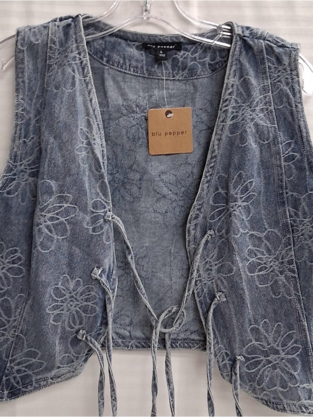 Blu Pepper Embroidered Denim Vest with Front Ties
